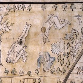 A Tudor time CSI style map, giving an 'accurate' account of where the bodies of Darnley and his servant were found in the garden. Quite why they are stark bollock naked with their arses out, and bigger than what appear to be pine trees is as much of a mystery as the incident itself.