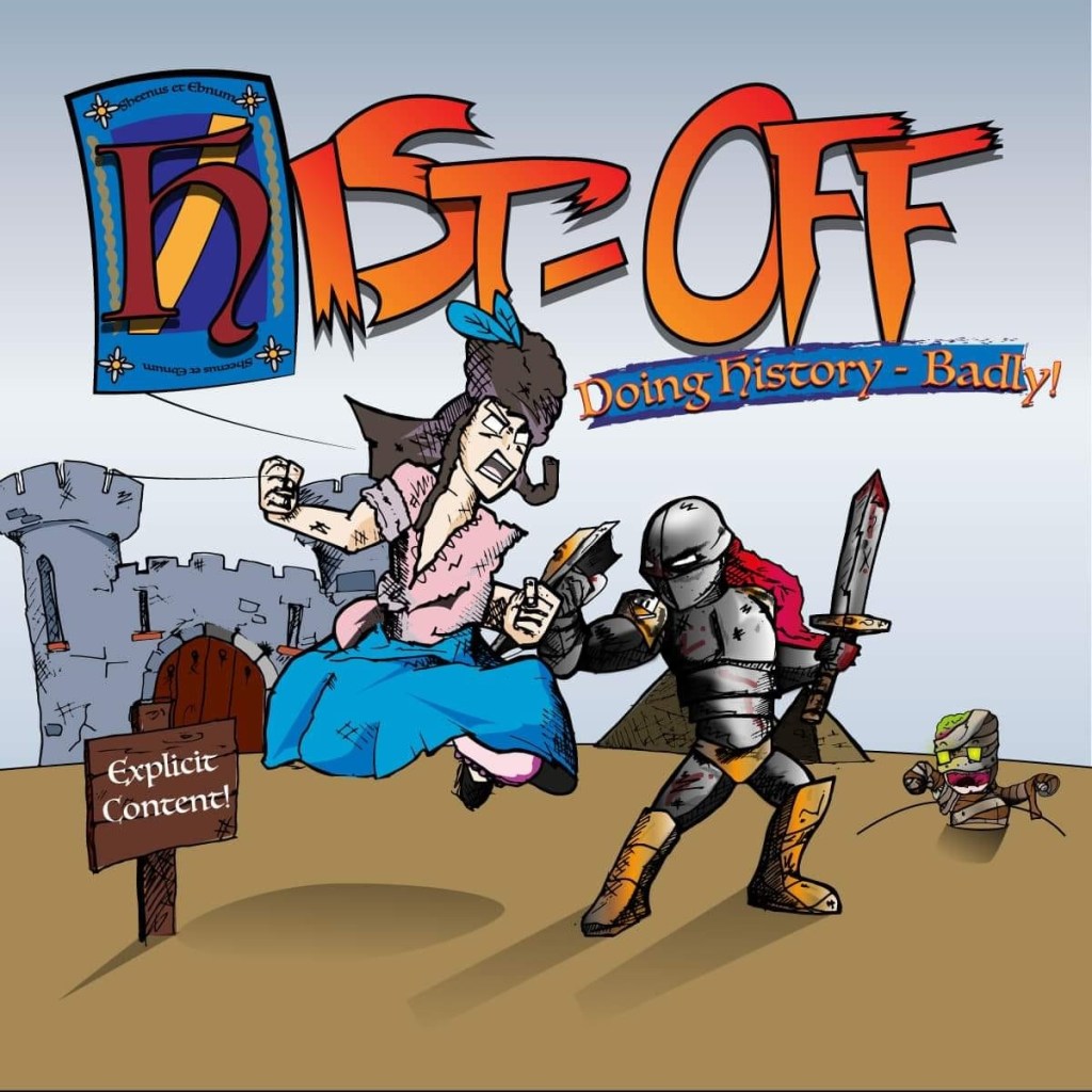 Image of a pirate and knight fighting whilst a mummy looks on - the Hist Off logo 